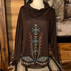Roper Brown Cowl Neck Sweater with Turquoise & Rust Embroidery